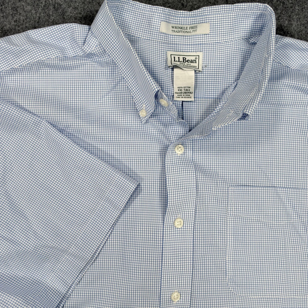 LL Bean Mens XXL Tall Blue White Micro Check Wrinkle Free SS Button Down Shirt